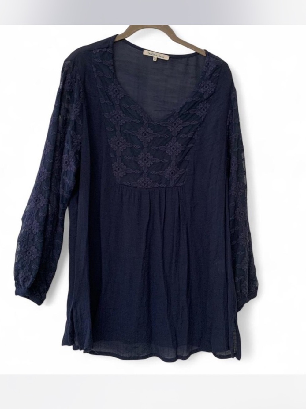 Coastal Grandma boho  blue Gauzy Floral Lacy V-Neck Tunic XL
